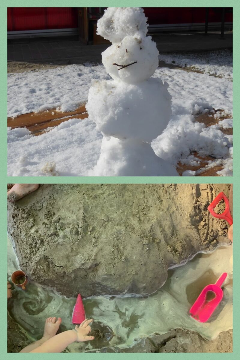 Kita - Schneemensch und spielen im Sandkasten mit Wasser